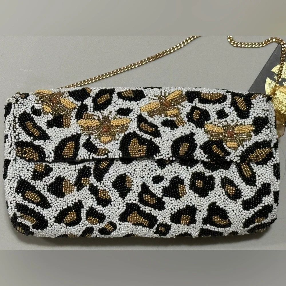 From India To You Beaded Leopard Print With Bees Crossbody/Clutch Bag - NWT